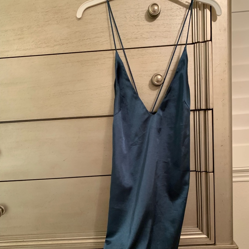 turquoise satin mini dress with tie